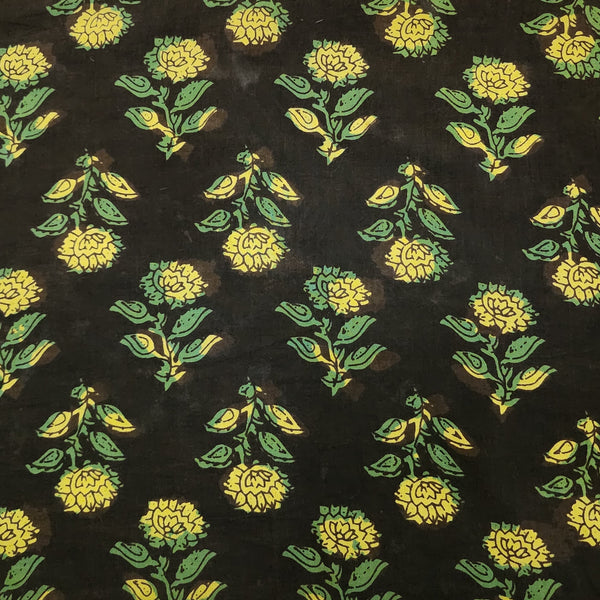 Pure Cotton Bagru Black With Green Hand Block Print Fabric