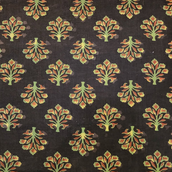 Pure Cotton Bagru Black With Green Wild Flower  Hand Block Print Fabric