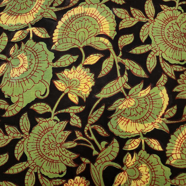 ( Pre-Cut 1.30 Meter )Pure Cotton Bagru Black With Green Wild Flower Jaal Hand Block Print Fabric