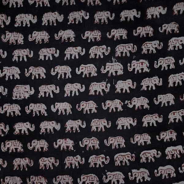 Pure Cotton Bagru Black With Grey Elephant Motif Hand Block Print Fabric