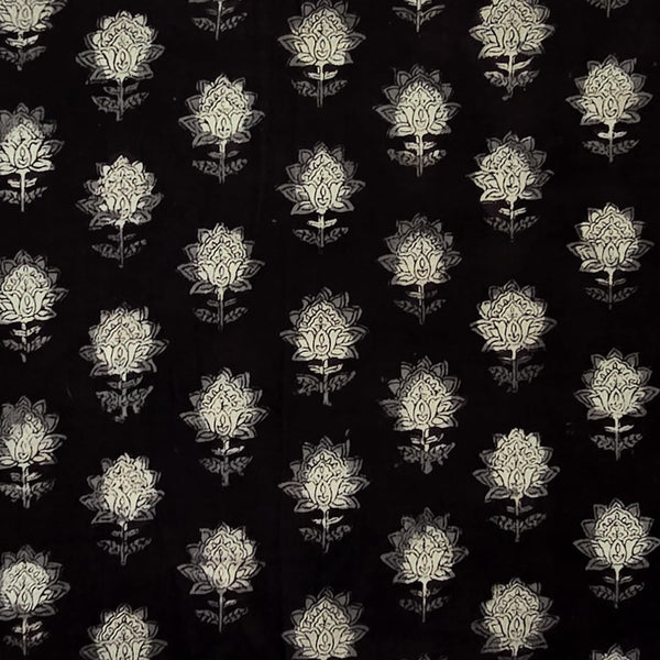 Pure Cotton Bagru Black With White Flower Motif Design Hand Block Print Fabric