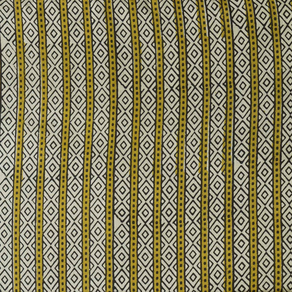 Pre Cut (2 Meter) Pure Cotton Bagru Cream And Mustard Simple Border Hand Block Print Fabric