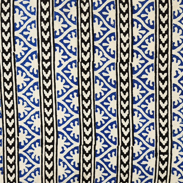 Pure Cotton Bagru Cream With Blue And Black Border And Intricate Design Hand Block Print Fabric