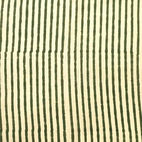 (Pre Cut 2 Meter) Pure Cotton Bagru Cream With Mahindi Green Stripes Hand Block Print Fabric