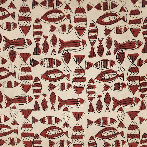 Pure Cotton Bagru Cream With Rust Red Fish Hand Block Print Fabric