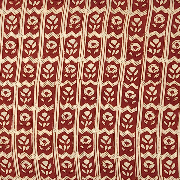 Pure Cotton Bagru Rust Red With Cream Flower Motif  Hand Block Print Fabric