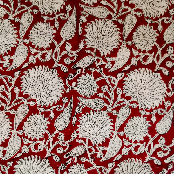 ( Pre-Cut 2.40 Meter ) Pure Cotton Bagru Rust With Cream Intricate Jungle Flower Jaal Hand Block Print Fabric