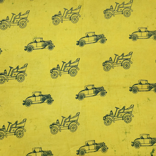 Pure Cotton Bagru Yellow With Green Car Hand Block Print Fabric