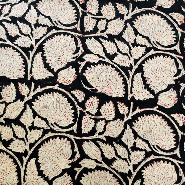 (Pre Cut 1.43 Meter )Pure Cotton Bargu Black With Cream Intricate Blif Wild Lotus Jaal Hand Block Print Fabric