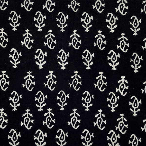 (Pre-Cut 1.15 Meter) Pure Cotton Black And White Kairi Flower Motif Hand Block Print Fabric