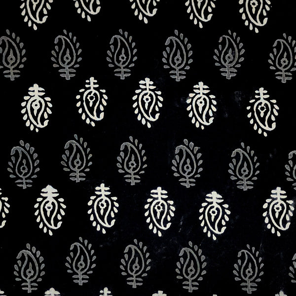 ( Pre-Cut 2 Meter ) Pure Cotton Black And White Kairi Motif Hand Block Print Fabric