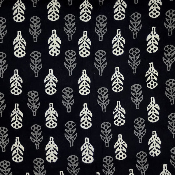 Pure Cotton Black With White Floral Hand Block Print Fabric