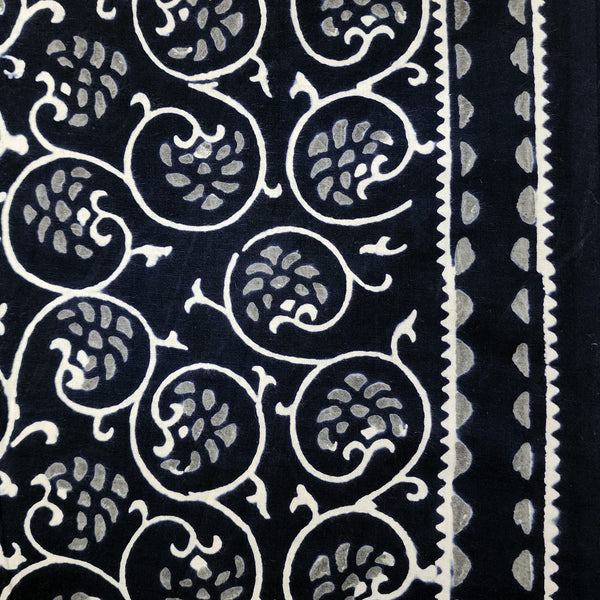 ( Pre-Cut 1.39 Meter )Pure Cotton Black With White  Grey  Fruit Jaal Hand Block Print Fabric