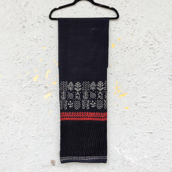 ( Width 55 Inches ) Pure Cotton Black With Hakoba Grey With Rust Border Hand Block Print Warli Art Border