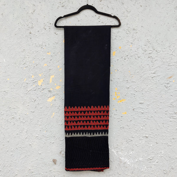 ( Width 55 Inches ) Pure Cotton Black With Hakoba Rust And Grey Border Hand Block Fabric Triangle Border