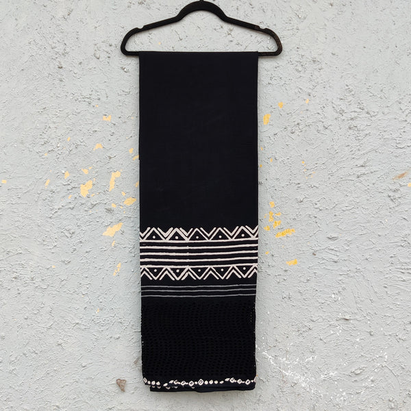 ( Width 55 Inches ) Pure Cotton Black With Hakoba White  Border Hand Block Print Fabric Tribal Warli Border