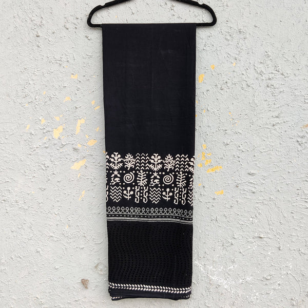 Pre-Cut 1.20 Meter ( Width 55 Inches ) Pure Cotton Black With Hakoba White Border Hand Block Print Warli Art Border