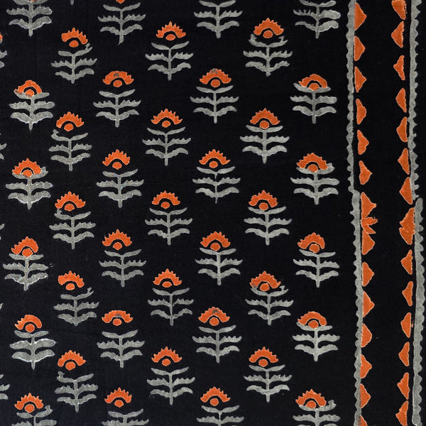 Pure Cotton Black With Orange Grey Floral Motifs With Border Hand Block Print Fabric