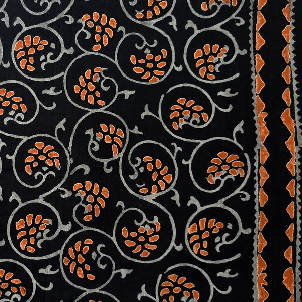 Pure Cotton Black With Orange Fruit And Grey Jaal With Border Hand Block Print Fabric