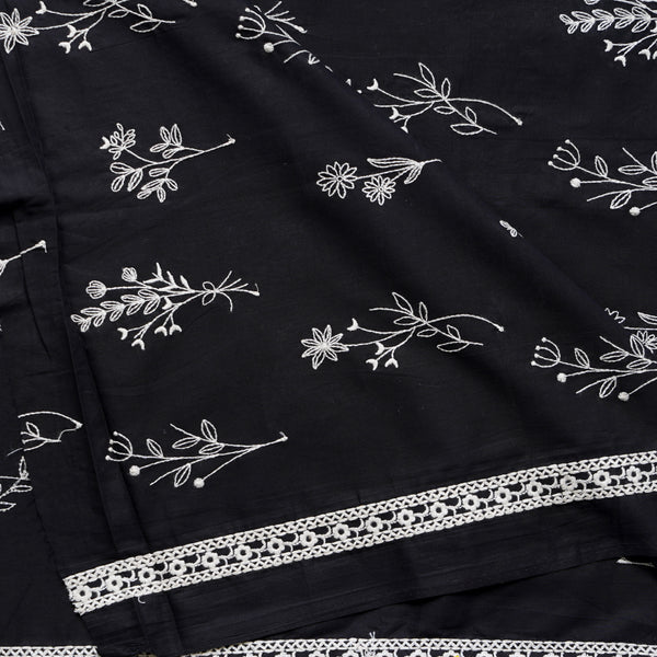 ( Width 44 Inches )Pure Cotton Black With White  Assorted Flower Plants Embroidered Fabric