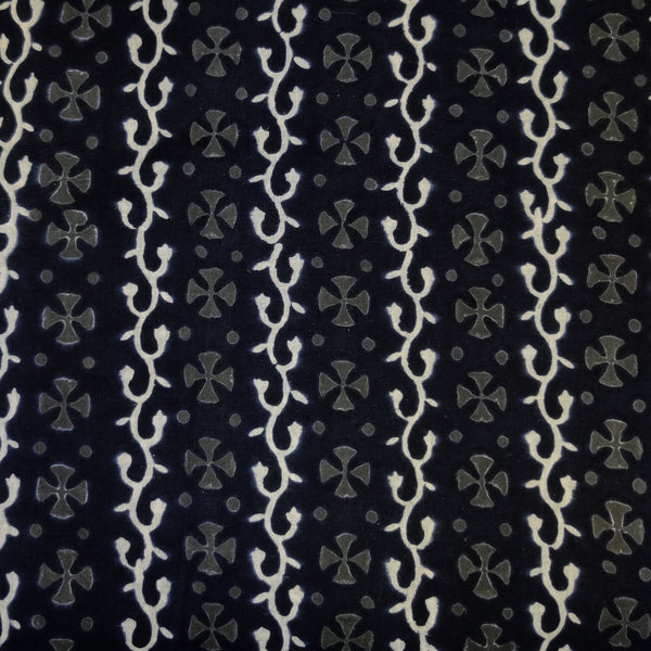 ( Pre-Cut 0.90 Meter ) Pure Cotton Black With White Creeper And Grey Flowers Hand Block Print Fabric