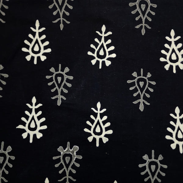 Pre Cut (0.80 Meter) Pure Cotton Black With White Grey Simple Motifs Hand Block Print Fabric