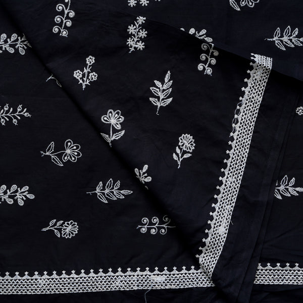 ( Width 44 Inches )Pure Cotton Black With White Small Assorted Flower Plants Embroidered Fabric