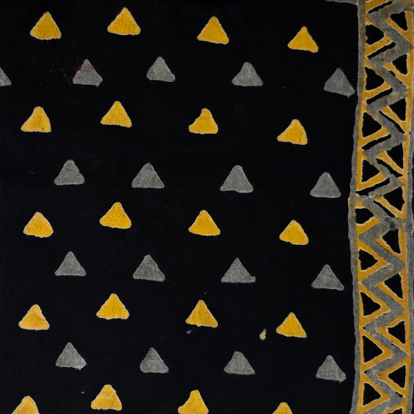 (Pre Cut 1.80 Meter )Pure Cotton Black With Small Yellow Grey Triangles With Border Hand Block Print Fabric