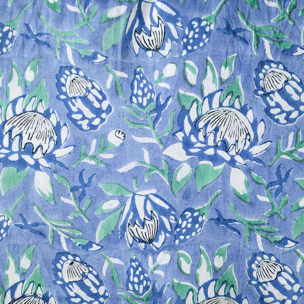 Pure Cotton Blue With Green  Flower Jaal Hand Block Print Fabric