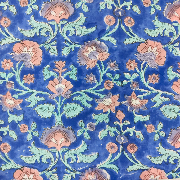 ( Pre-Cut 1.80 Meter ) Pure Cotton Blue With Orange Jungle Flower Jaal Jaipuri Hand Block Print Fabric