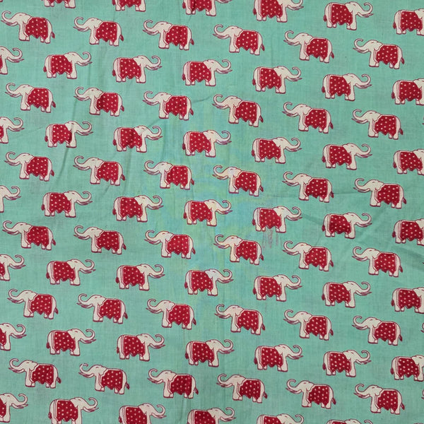 Pre-Cut 1.60 Meter Pure Cotton Blue With Red Elephant Screen Print Fabric