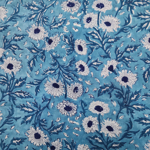 ( Pre-Cut 1.70 Meter )Pure Cotton Blue With White Flower Jaal Jaipuri Hand Block Print Fabric