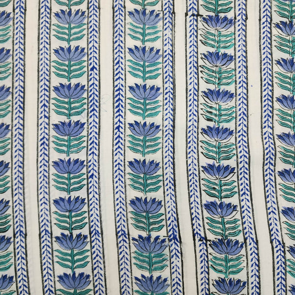 Pre Cut (0.9 Meter) Pure Cotton Blue With White With Blue Flower Creeper Hand Block Print Fabric