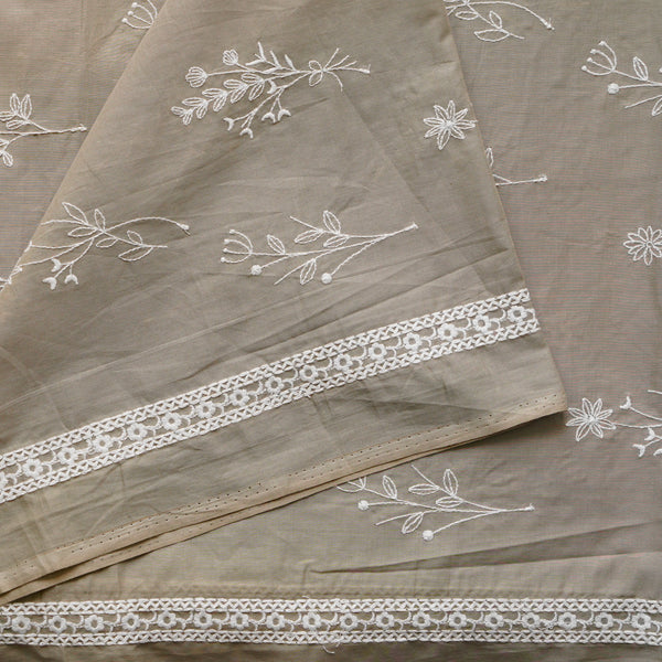 ( Width 44 Inches )Pure Cotton Chicku With White  Assorted Flower Plants Embroidered Fabric