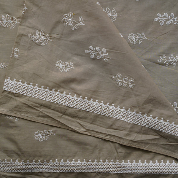 ( Width 44 Inches )Pure Cotton Chicku With White Small Assorted Flower Plants Embroidered Fabric