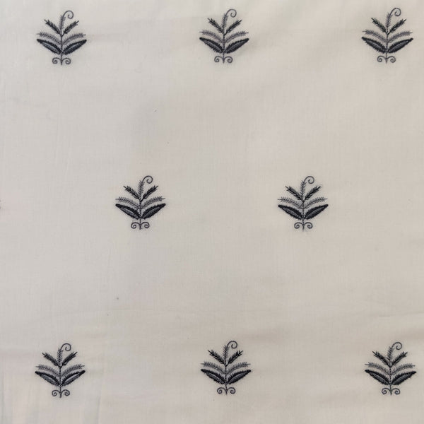 (Pre Cut 2.30 Meter )Pure Cotton Cream With Tiny Shades Of Grey Plant Embroidered Fabric