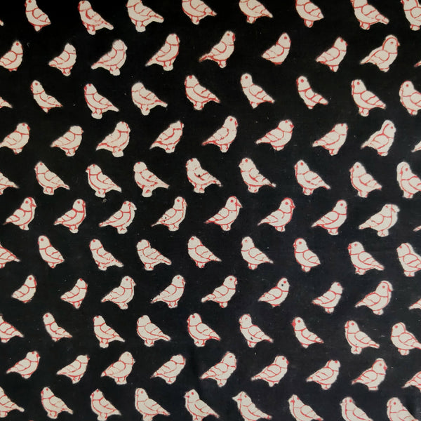 ( Pre-Cut 2.35 Meter ) Pure Cotton Dabu Black With Cream Birds Hand Block Print Fabric