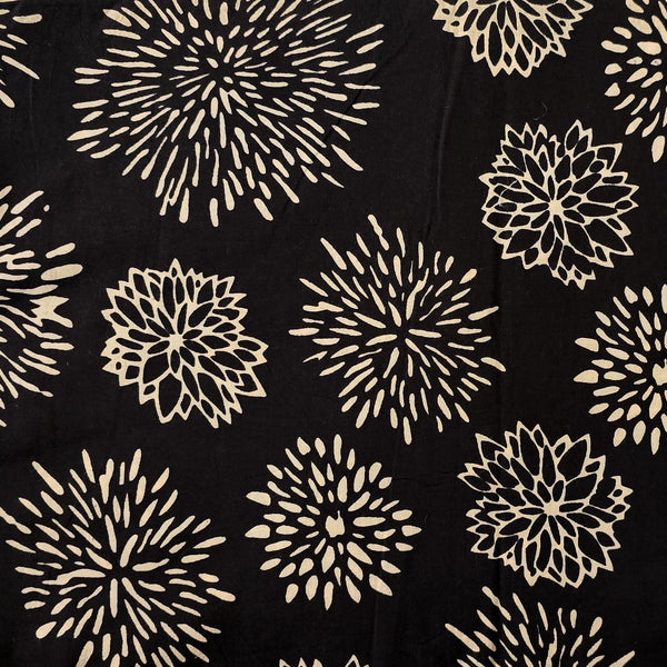 ( Pre-Cut 1.80 Meter ) Pure Cotton Dabu Black With Cream Flower Intricate Design Hand Block Print Fabric