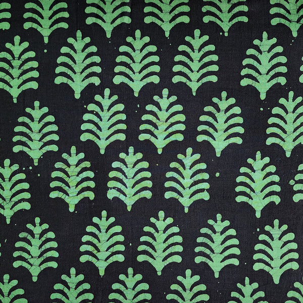 Pure Cotton Moum Batik Black With Green Plant Motif Hand Block Print Fabric