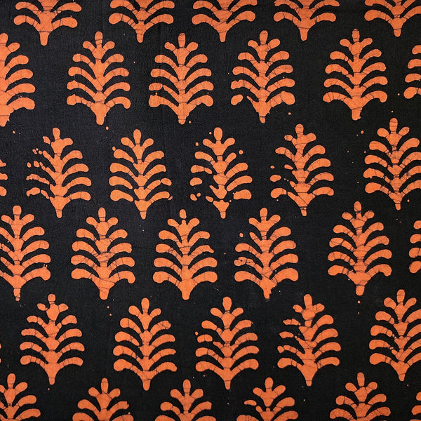 Pure Cotton Moum Batik Black With Orange Plant Motif Hand Block Print Fabric