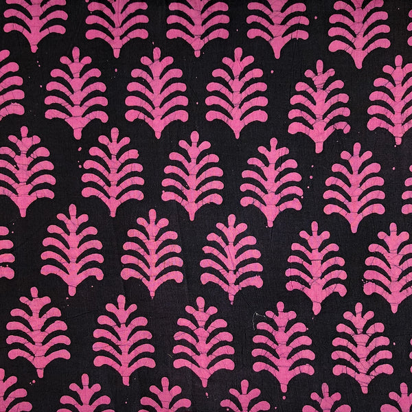 Pure Cotton Moum Batik Black With Pink Plant Motif Hand Block Print Fabric