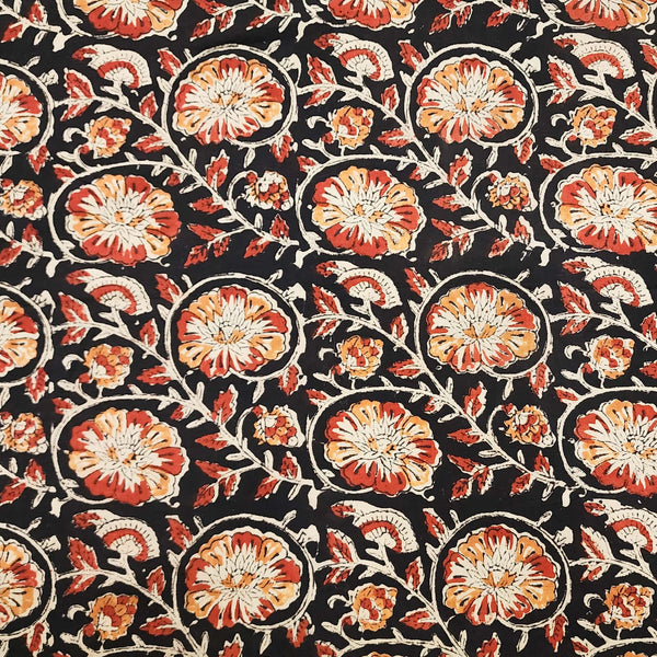 ( Pre-Cut 1.90 Meter ) Pure Cotton Dabu Black With Rust And Cream Flower Jaal Hand Block Print Fabric