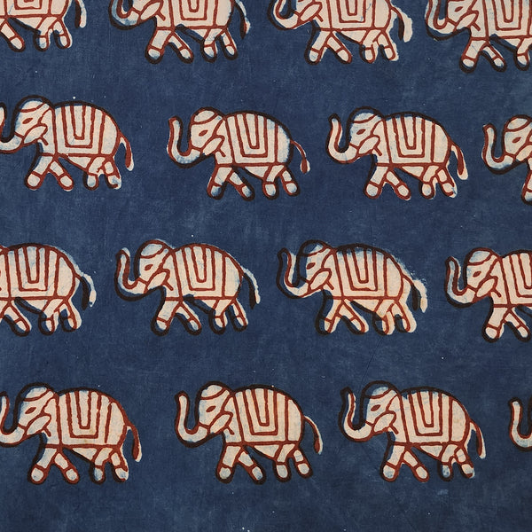 ( Pre-Cut 0.90 Meter )Pure Cotton Dabu Blue With Cream And Red Elephant  Hand Block Print Fabric