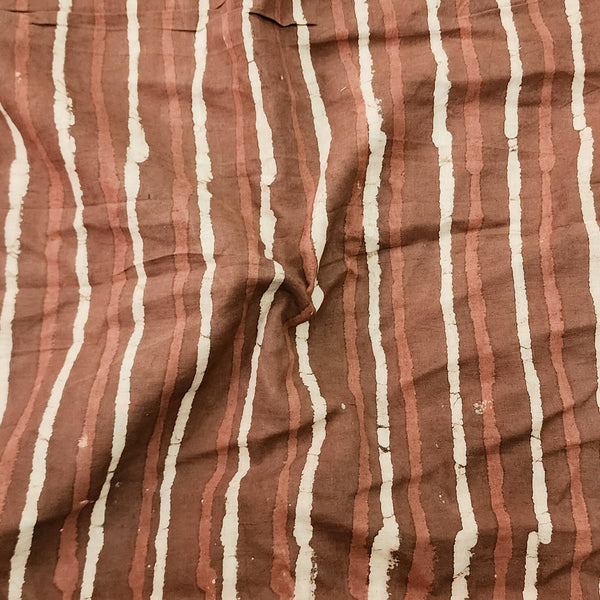 ( Pre-Cut 1.75  Meter ) Pure Cotton Dabu Brown With Pink And Cream Stripes Hand Block Print Fabric