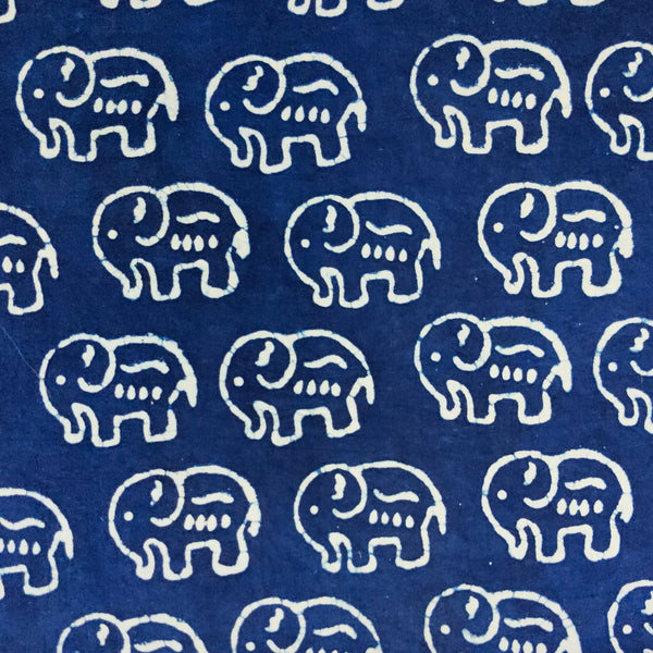 ( Pre-Cut 1.40 Meter ) Pure Cotton Dabu Indigo With Cream Big Elephant Motif Hand Block Print Fabric