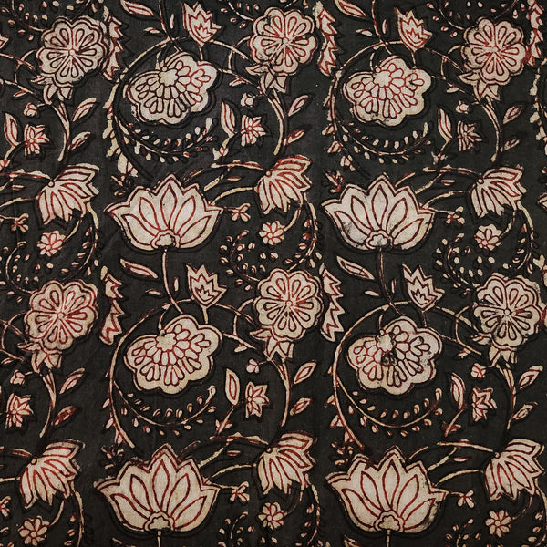 ( Pre-Cut 1.60 Meter ) Pure Cotton Dabu Dark Brown And Cream Flower Jaal Hand Block Print Fabric