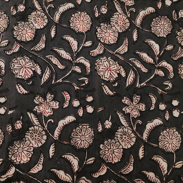 ( Pre-Cut 2.25 Meter )Pure Cotton Dabu Dark Brown And Cream Jungle Flower Jaal Hand Block Print Fabric