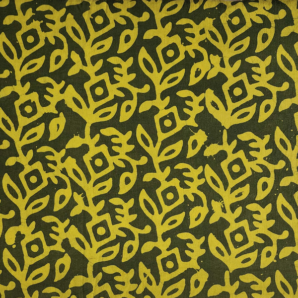 Pure Cotton Moum Batik Dark Mehindi Green With Yellow Flower Jaal Hand Block Print Fabric