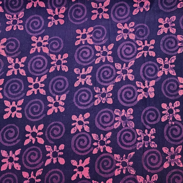 ( Pre-Cut 2 Meter ) Pure Cotton Dabu  Deep Purple With Pink Circle In Between Flower Motif Hand Block Print Fabric