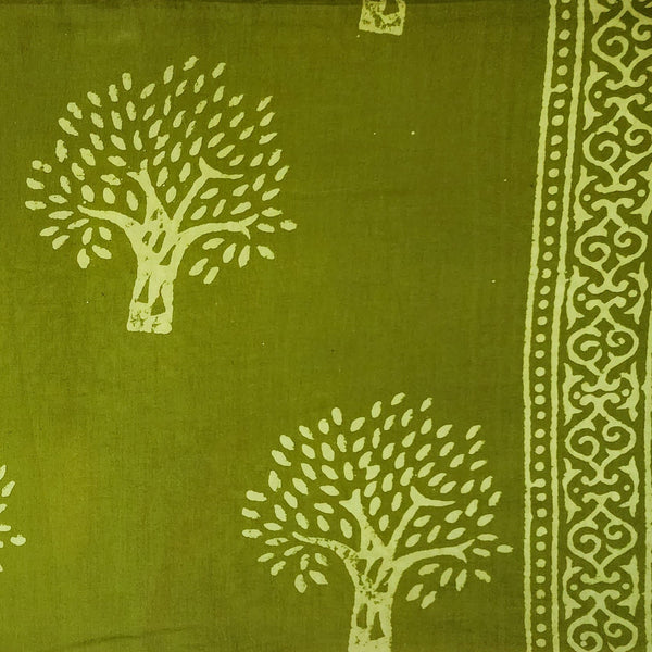 Per Cut (1.90 Meter) Pure Cotton Dabu Green With Cream Tree  Motifs Hand Block Print Fabric